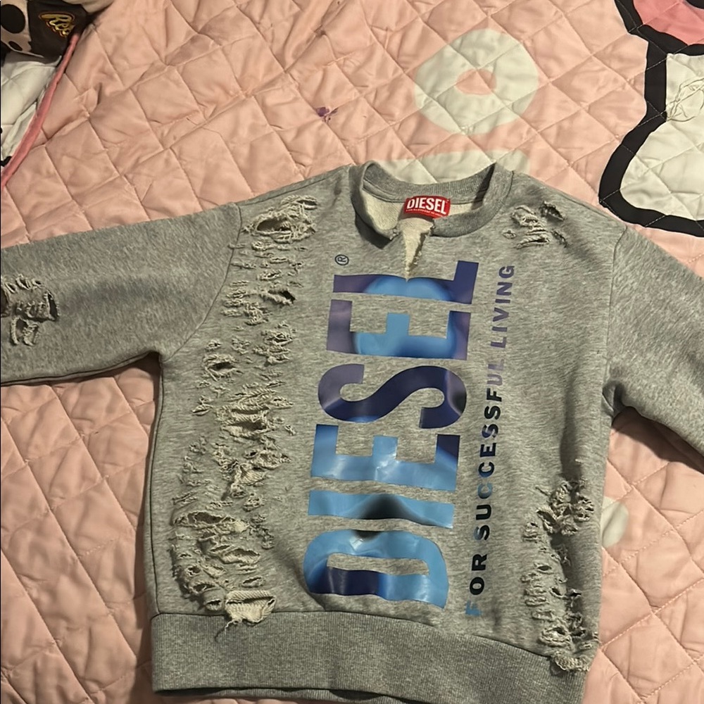 Diesel Gray Crewneck Sweater with Blue Distressed Design